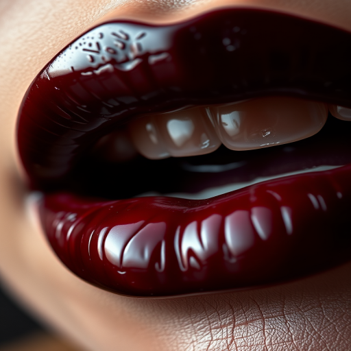 Intriguing close-up of black cherry lips with a glossy finish, emphasizing deep, rich color and reflective properties in contrasting light
