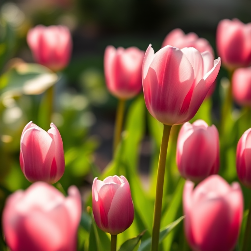 Close-up of pink tulips in a garden with soft sunlight filtering through, shallow depth of field, aperture f/2.8, ISO 100, 50mm lens, DSLR camera, natural lighting.