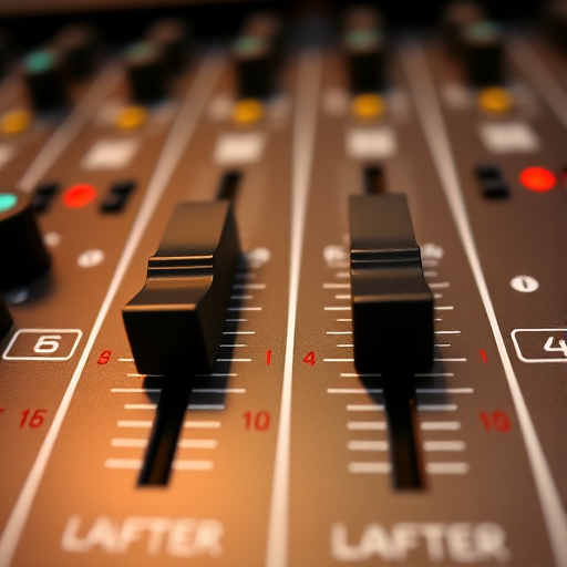 Create a high-resolution digital image of two audio mixer sliders, using a DSLR camera with a 50mm lens, aperture set to f/2.8 for shallow depth of field, ISO 100 to minimize noise, and a slight overhead angle for dynamic perspective.