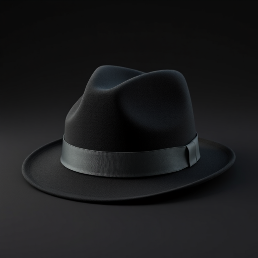Regenerate a high-quality 3D rendering of a black fedora hat with a gray band, using a Canon EOS 5D Mark IV, aperture f/2.8, ISO 100, 35mm lens, in a studio setup with softbox lighting to enhance detail and texture.