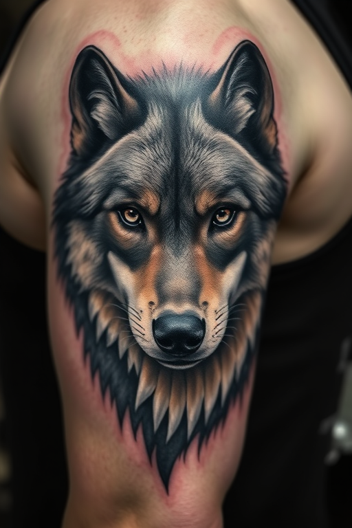 Realistic grayscale tattoo portraying a lifelike wolf's piercing gaze on the bicep, with hyper-detailed fur textures and shadowing techniques for depth and dimension