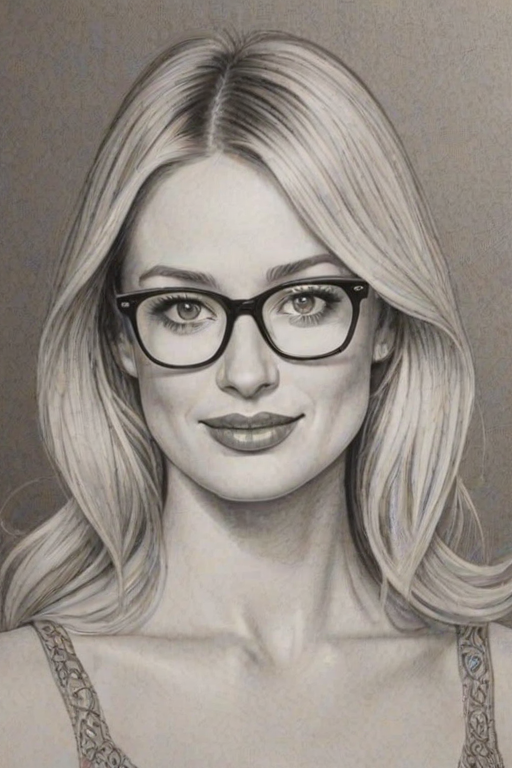 Delightful Beth Behrs, pencil sketch, portrait of Enchanting woman 1969s in glasses, hair style beatnik, outline, clear lines, fine lines, 8k