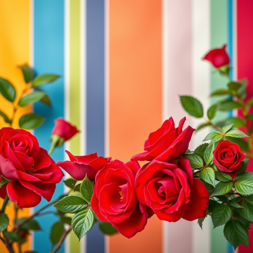 Generate an image of a floral border with vibrant red roses and green leaves framing a colorful striped background, using a DSLR camera with a 50mm lens, f/1.8 aperture, ISO 100, and a shallow depth of field for enhanced detail and clarity, captured in natural light.