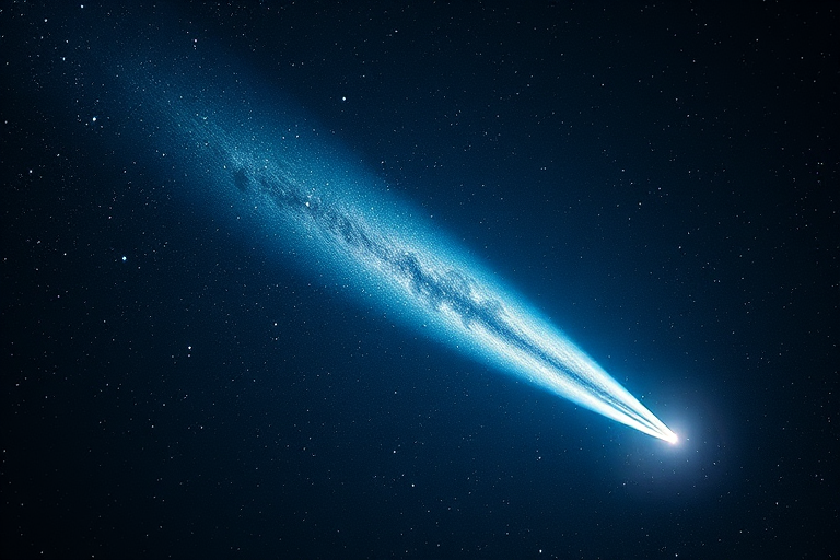 Create a high-resolution digital artwork of a comet traveling through space, showcasing its textured surface and luminous tail, captured with a Canon EOS R5, 24mm f/1.4 lens, aperture set to f/2.8, ISO 800, shutter speed of 1/1000 sec, using a wide-angle view to enhance depth and detail in a cosmic setting.