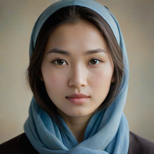 Create a portrait of a young Mongolian woman with long, dark hair and captivating hazel eyes. She is wearing a blue headscarf and a matching scarf draped gracefully around her neck. The background is softly blurred, focusing attention on her serene and natural expression. The overall color palette is muted and warm, enhancing the intimate and authentic feel of the portrait.
