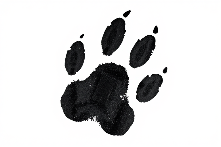 Create a high-resolution image of a black paw print on a white background, using a DSLR camera with a 50mm lens, aperture set to f/2.8, ISO 100, and a shallow depth of field to enhance clarity and detail.