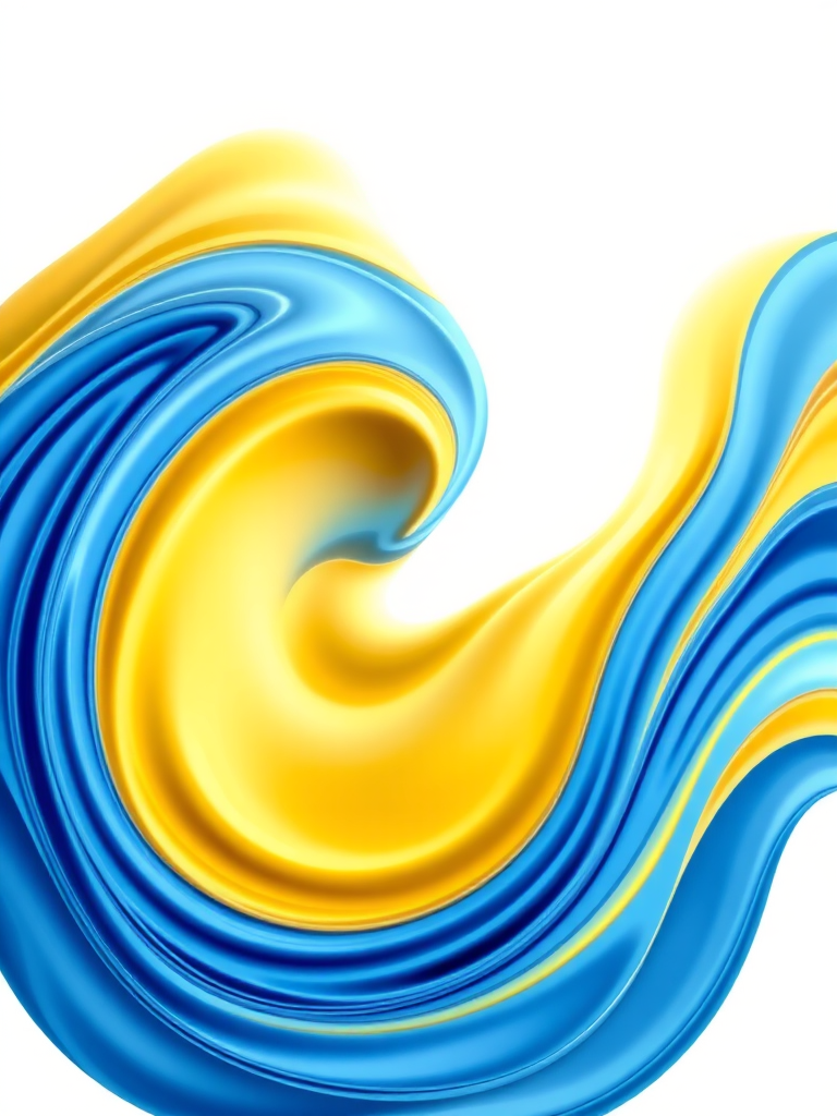 Generate a smooth flowing abstract design featuring blue and yellow waves with a white background, captured using a high-resolution DSLR camera with a 35mm lens, aperture f/4, shutter speed 1/200s, and ISO 100, in portrait orientation.