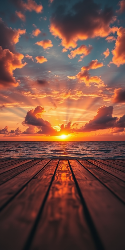 a stunning sunset over a calm ocean, captured from a low angle on a wooden dock, vibrant colors in the sky with sun rays piercing through clouds, shot with a DSLR camera at f/11, ISO 100, 1/200s, using a wide-angle lens for expansive view and soft focus on foreground planks