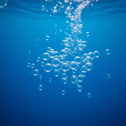 high-resolution underwater scene featuring clustered bubbles floating in a vibrant blue background, taken with a Canon EOS R5, 50mm lens, f/2.8 aperture, ISO 100, 1/200 sec shutter speed, soft focus style