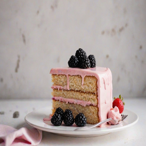 Generate an image of a slice of cake with a light pink icing dripping down the sides. The cake should have a moist texture and contain blackberries both in the icing and within the cake itself. The background should be minimalistic, emphasizing the cake on a white plate.
