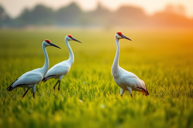 Cranes walking in a lush green field during the day, close-up view, shallow depth of field, 50mm lens, f/2.8 aperture, ISO 200, natural soft lighting.