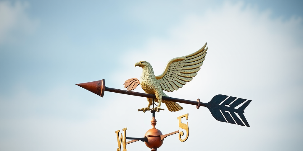 Create a high-resolution image of a vintage weather vane featuring a golden eagle design, captured with a DSLR camera at f/8 aperture, 50mm lens, ISO 100, in natural light from a side angle.