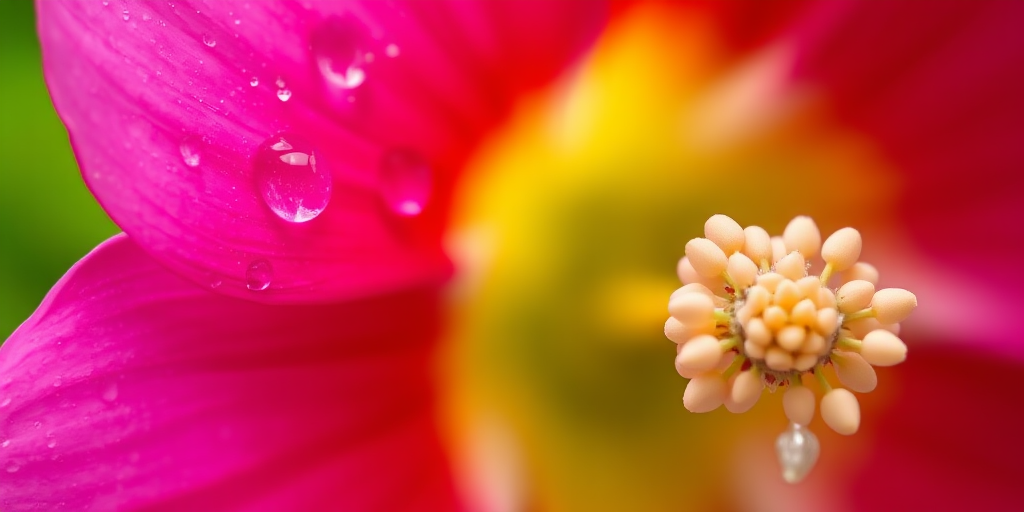 macro shot of a vibrant pink flower with water droplets on its petals, shallow depth of field, f/2.8 aperture, ISO 100, 100mm lens, natural soft lighting, taken with a DSLR camera.