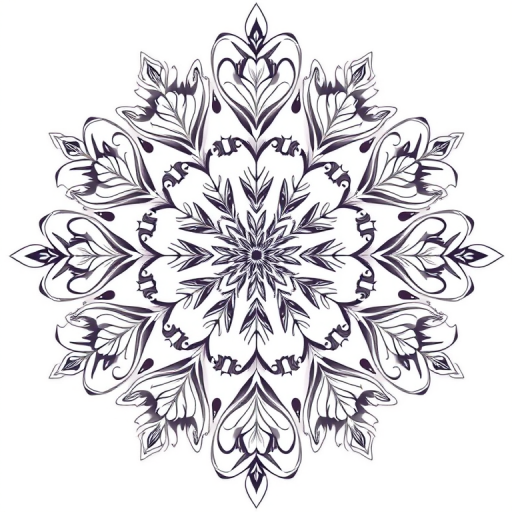 Create a symmetrical snowflake design with intricate floral patterns, high resolution, aperture f/8, ISO 100, 50mm lens, top-down view, digital illustration style.