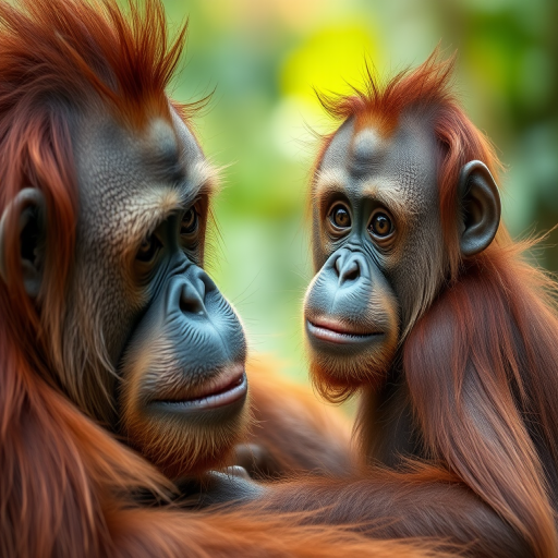 Create a detailed, high-resolution image of a mother orangutan with her baby, showcasing their expressions and fur texture in a natural habitat setting, using a Canon EOS R5 with a 85mm f/1.2 lens, aperture set to f/2.8, ISO 100, and a shallow depth of field to create a soft background blur.