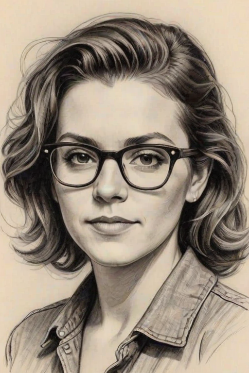 Charming Brandi Carlile, pencil sketch, portrait of Attractive woman 1949s in glasses, hair style beatnik, outline, clear lines, fine lines, 8k