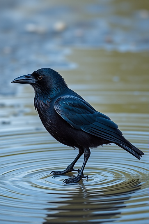 photograph a raven standing in shallow water with ripples around it, focus on sharp details and vibrant colors, use a Canon EOS 5D Mark IV, 85mm lens, aperture f/2.8, ISO 100, shutter speed 1/200s, natural lighting, side view with a blurred background to enhance depth.