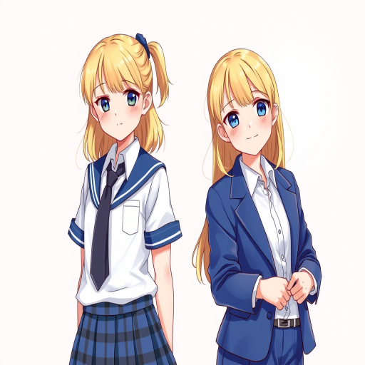 Generate a highly detailed illustration of a young girl in a school uniform, featuring a blonde girl wearing a white shirt with a tie and a blue plaid skirt, and a second version in a blue blazer, set against a soft gradient background; use a DSLR camera with a 50mm lens, aperture set to f/1.8 for a shallow depth of field, ISO 100, and a focus on vibrant colors and sharp details.