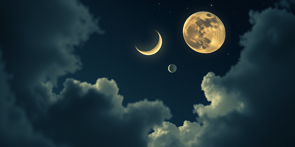 create a surreal moonlit scene featuring a crescent moon with a serene face, surrounded by soft clouds and distant planets, using a Canon EOS R5 with a 50mm f/1.2 lens, aperture at f/1.8, ISO 200, 1/60 shutter speed, shot from a low angle to capture depth, in a dreamy, ethereal photographic style.