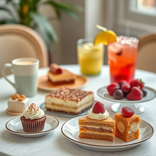 A beautifully arranged table setting featuring a variety of desserts and a refreshing drink, shot with a Canon EOS R5, 50mm lens, f/1.8 aperture, ISO 200, natural light, shallow depth of field for a soft background blur.