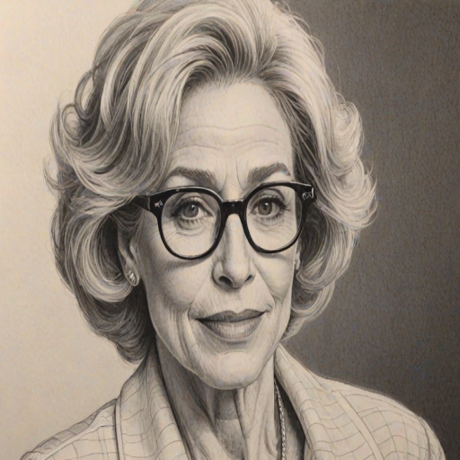 Alluring Holland Taylor, pencil sketch, portrait of Alluring woman 1970s in glasses, hair style beatnik, outline, clear lines, fine lines, 8k