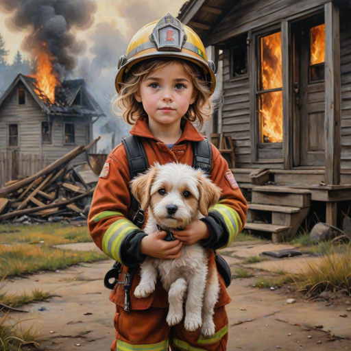 airbrushed oil painting, pixar style, cute little girl in fireman gear, helmet, tousled hair, expressive eyes, standing in the doorstep of a cottage burning behind him, holding a cute little dog in her arm, atumn sky