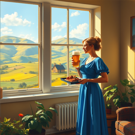 In "A Glass of Beer on the Highland," a serene scene is depicted in a sunlit room where a woman in a vibrant blue dress stands by a large window. She holds a tray with a hearty meal and a frothy glass of beer, embodying a moment of relaxation. Outside, the breathtaking highland landscape features rolling green hills and a charming traditional house, all bathed in warm afternoon light. The interior is adorned with potted plants, creating a harmonious blend of comfort and nature. The painting beautifully captures the tranquility and joy found in simple pleasures amidst stunning scenery