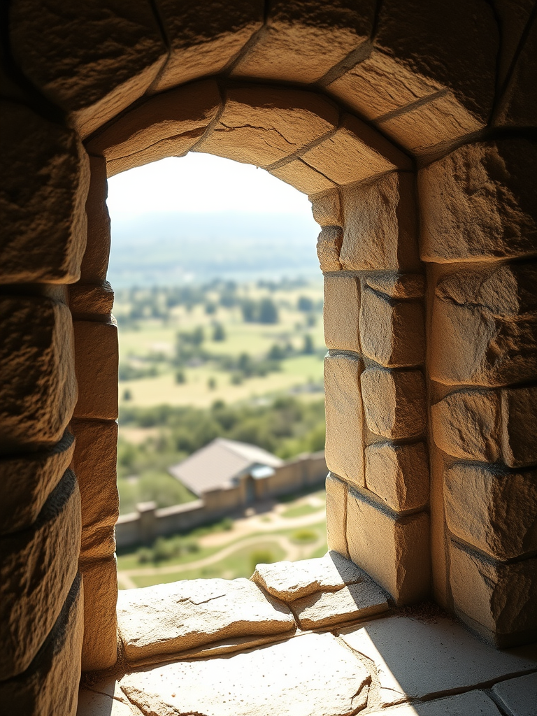 interior shot of a stone window with a view of a landscape, natural light illuminating the scene, DSLR camera, aperture f/8, ISO 200, shutter speed 1/60s, wide-angle lens, soft focus background, high resolution