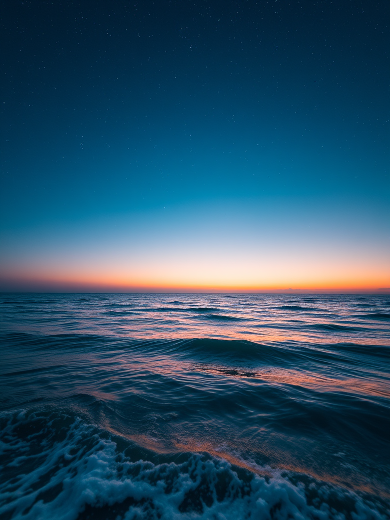 a serene ocean landscape at sunset with a starry sky, soft waves, and gentle colors blending in the horizon