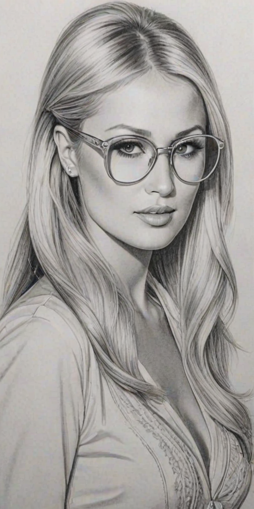 Graceful Paris Hilton, pencil sketch, portrait of Attractive woman 1975s in glasses, hair style beatnik, outline, clear lines, fine lines, 8k