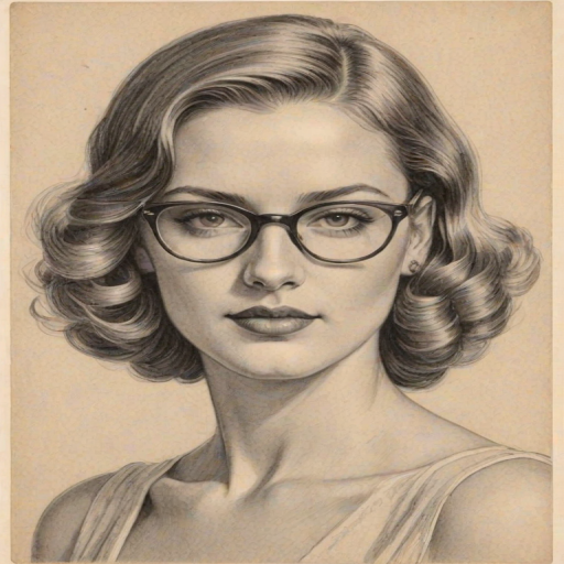 Elegant Leila George, pencil sketch, portrait of Beauteous woman 1935s in glasses, hair style beatnik, outline, clear lines, fine lines, 8k