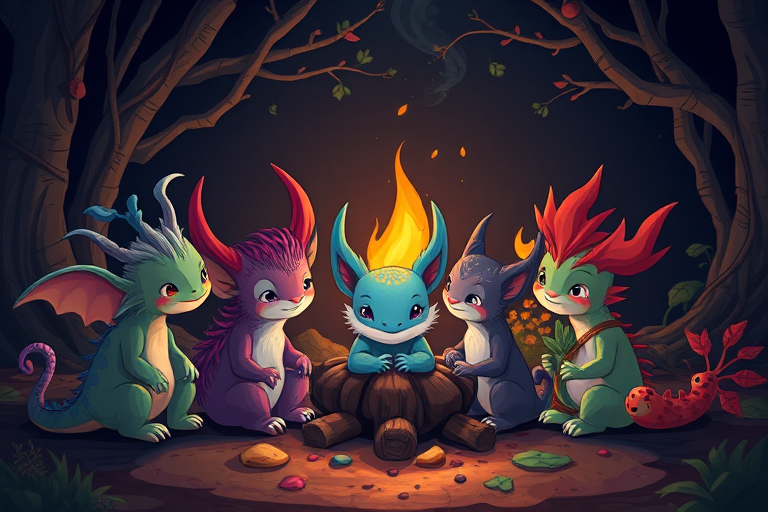 Create an illustration of a group of cute, colorful fantasy creatures gathered around a glowing fire in a dark setting, use a Canon EOS R5 camera with a 50mm lens, aperture f/1.8, ISO 100, and a soft focus style to enhance the vibrancy and detail of each creature.