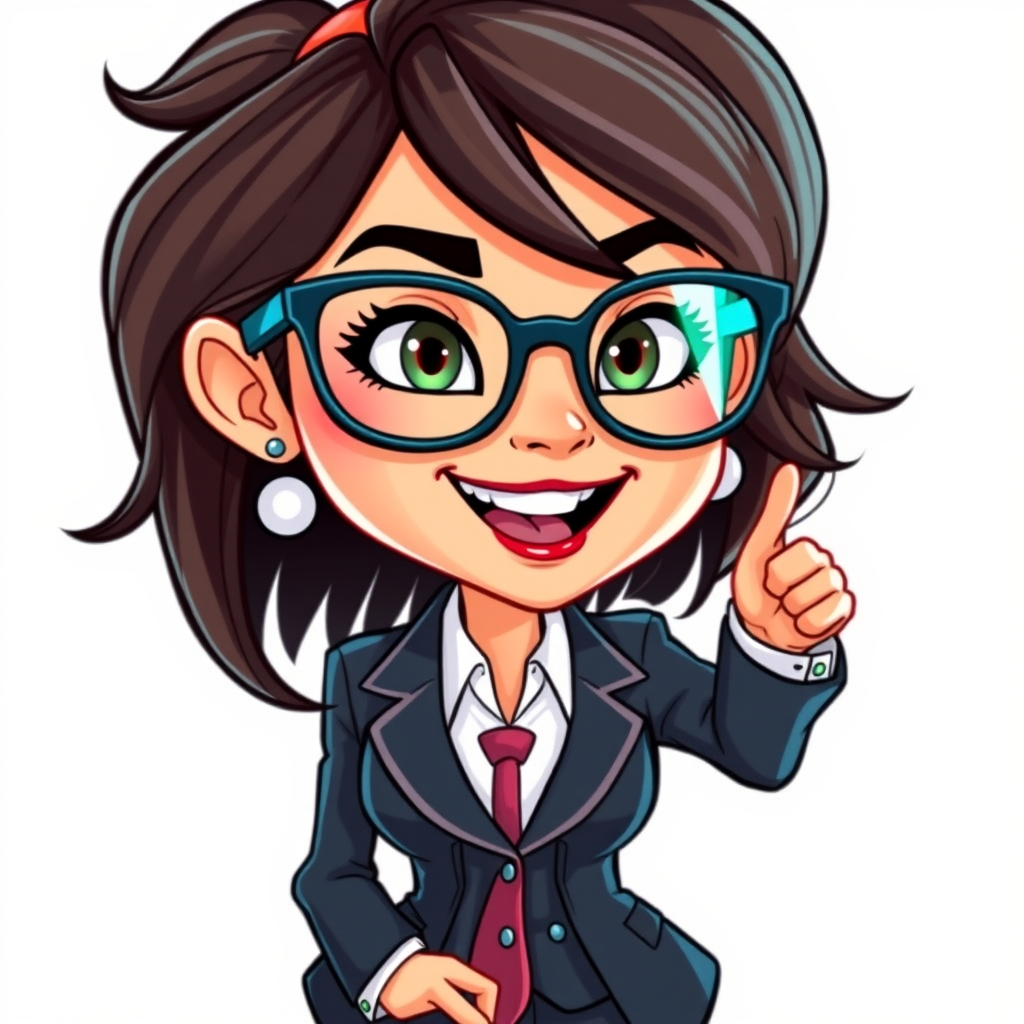 Create a vibrant and detailed cartoon character of a woman with glasses and a stylish business suit, in a lively pose, with a white background, using a Canon EOS R5 camera at f/4, ISO 100, and a 24mm lens, capturing a dynamic angle.