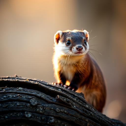 Capture a sharp close-up of a weasel perched on a textured log, using a DSLR camera with a 50mm lens, aperture set to f/2.8 for a shallow depth of field, ISO 400, natural light during golden hour to enhance colors and details.