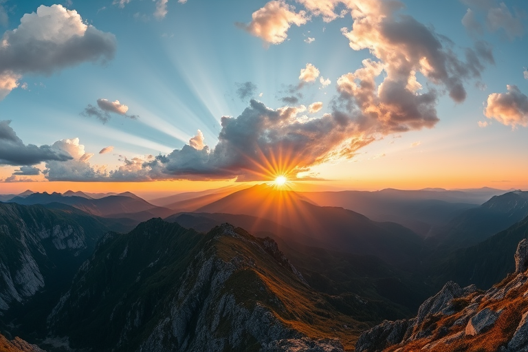 Capture a breathtaking panoramic view of a mountain landscape during sunset with dramatic clouds and rays of light streaming through, using a Canon EOS 5D Mark IV, 24mm lens, f/11 aperture, ISO 100, 1/200 sec exposure, and a wide-angle perspective to enhance depth and clarity.