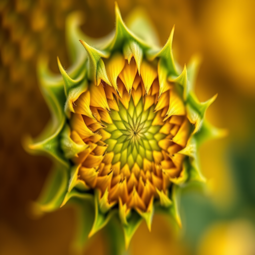 macro shot of a sunflower bud with intricate green and yellow patterns, shallow depth of field, f/2.8, 1/100 sec, ISO 100, Canon EOS 5D Mark IV, 100mm macro lens, natural light, focus on the center details