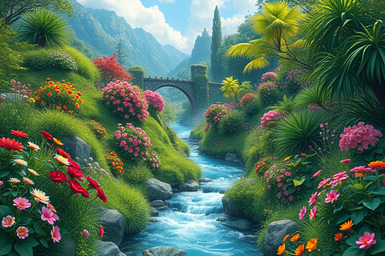 Create a highly detailed and vibrant illustration of a fantastical landscape featuring lush greenery, colorful flowers, and a serene river flowing through, captured with a Canon EOS R5, 24mm lens, f/2.8 aperture, ISO 100, 1/125s shutter speed, in a wide-angle view to emphasize depth and clarity.
