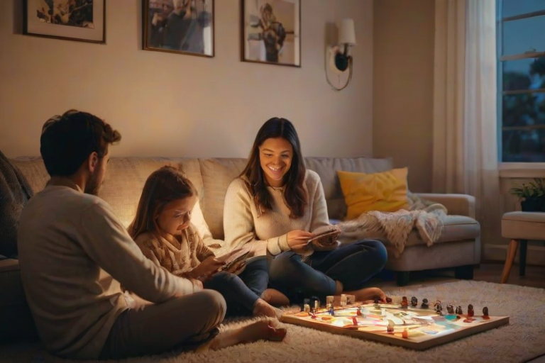 Cozy family room, with children playing board games on the floor, parents enjoying a movie on the couch, and soft lighting creating a warm, inviting space.