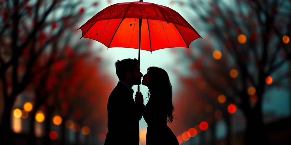 Create a romantic silhouette image of a couple kissing under a red umbrella against a colorful, blurred background, use a DSLR camera with an aperture of f/2.8, shutter speed of 1/125s, ISO 100, shot from a low angle to enhance the perspective and depth.