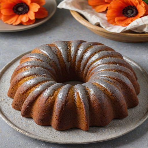 Generate an image of a freshly baked poppy seed cake in a bundt pan. The cake has a light golden color with visible poppy seeds and a dusting of powdered sugar on top. The pan is metallic and slightly shiny, with the cake slightly domed in the center. The background should be simple and unobtrusive, focusing on the cake.