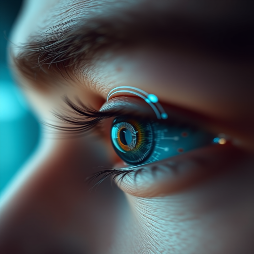 A close-up of a human eye with a futuristic biometric overlay, shot with a Canon EOS R5 at f/2.8, ISO 100, 50mm lens, with soft diffused lighting and a shallow depth of field for enhanced focus on the eye and intricate details of the overlay.