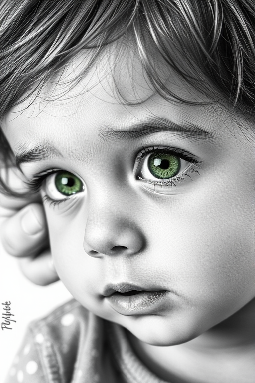 A hyperdetailed photorealistic black and white sketch of a beautiful toddler with deep green eyes, with a macro focus