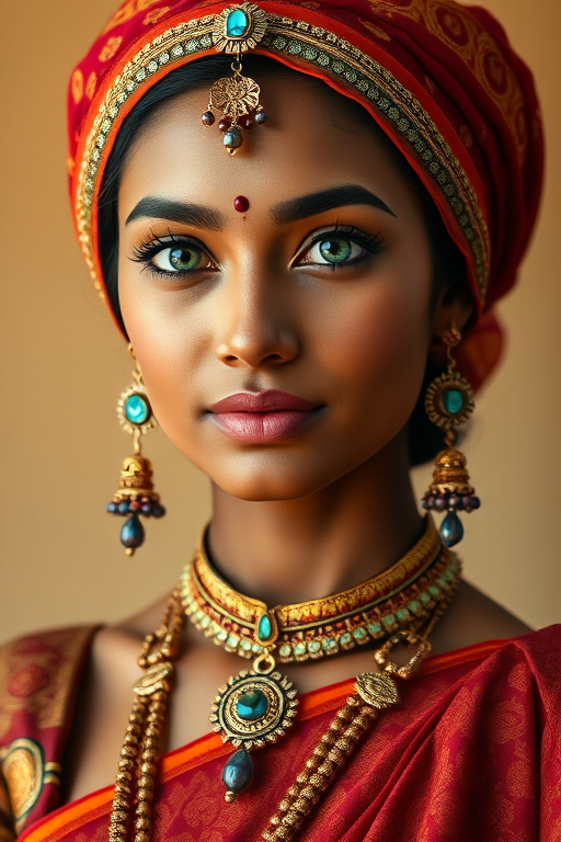 Create a portrait of a beautiful Sri Lankan woman with striking cyan eyes and a gentle expression. She is adorned in traditional attire with intricate patterns, including a richly embroidered headscarf and matching garments. Her jewelry includes a delicate headpiece, dangling earrings, and ornate bracelets, all featuring vibrant gemstones and detailed metalwork. The background is soft and warm, enhancing the rich colors of her outfit and jewelry.