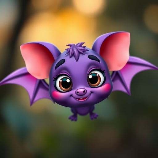 Regenerate a cute cartoon bat character with vibrant purple color, large expressive eyes, and exaggerated features in a bright, playful style, using a DSLR camera with a 50mm lens, f/1.8 aperture, and 100 ISO for a smooth background blur, at eye level.