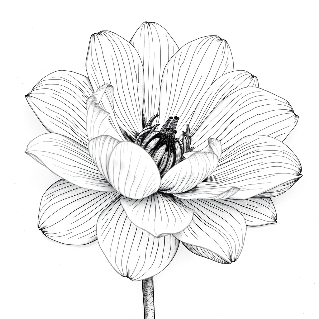 Create a highly detailed line drawing of a blooming flower, unexpected angles with intricate petal textures, use a DSLR camera with a 50mm lens, aperture set to f/2.8, ISO 100, natural light, soft focus background.
