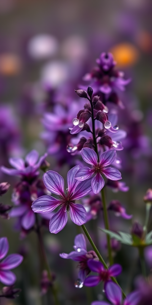 Generate an image of a field of purple flowers with dewdrops, using a Canon EOS 5D Mark IV, 50mm lens, f/2.8 aperture, ISO 100, and a shallow depth of field for a soft background blur, capturing vibrant colors and intricate details.