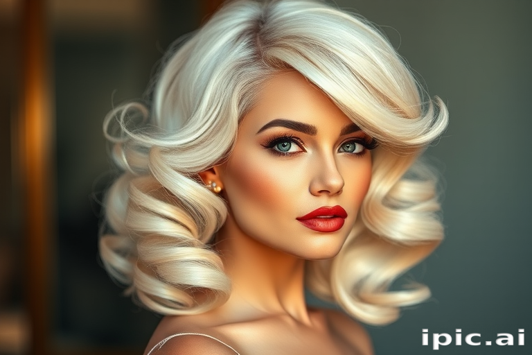 Platinum blonde bombshell flaunting a glamorous Hollywood-inspired hairstyle with voluminous curls, side-swept bangs, and a deep side part for added drama
