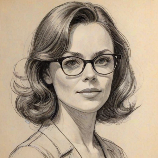 Attractive Rachel Boston, pencil sketch, portrait of Beauteous woman 1956s in glasses, hair style beatnik, outline, clear lines, fine lines, 8k