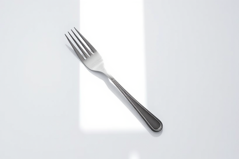 Create a high-resolution image of a knife and fork crossed on a clean white background using a DSLR camera with a 50mm lens at f/2.8, ISO 100, and a soft natural light source.