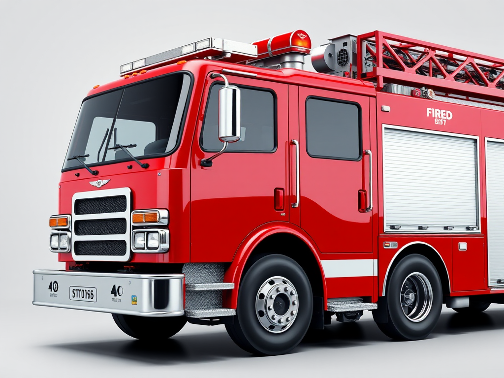 Create a high-resolution digital illustration of a red fire truck with a glossy finish, side view, using a Canon EOS 5D Mark IV, aperture f/8, ISO 100, 50mm lens, soft lighting for enhanced detail and clarity.